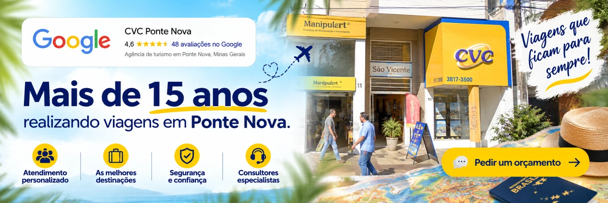 CVC Ponte Nova: mais de 15 anos realizando viagens em Ponte Nova. Nota 4,6 no Google, com 48 avaliações.